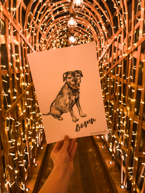 An illustration of a dog held up against the backdrop of The Nest.