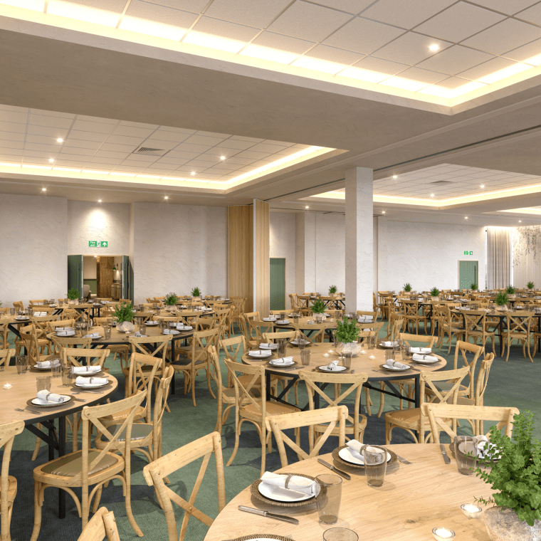 The Willow Space at Treehouse Manchester, a large ballroom with tables set for dinner.