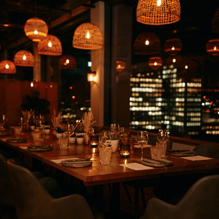 Madera at night, tables lit with candles