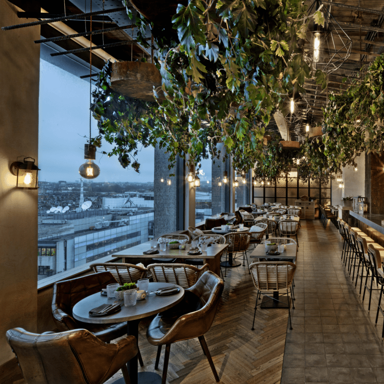 A view of the restaurant at night 