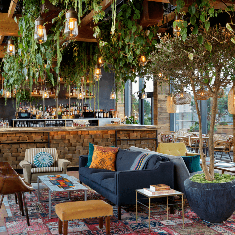 Dining area with sofa and wood chairs
