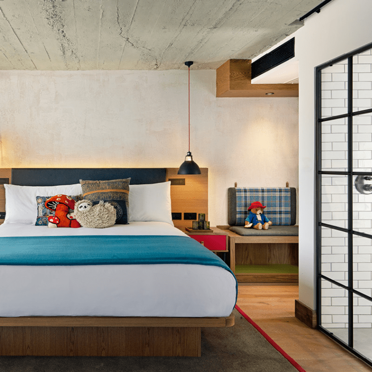 hotel room with king bed and window nook