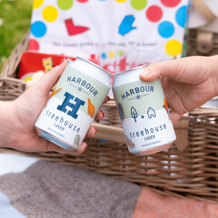 two people tapping their beer cans together in front of a picnic basket