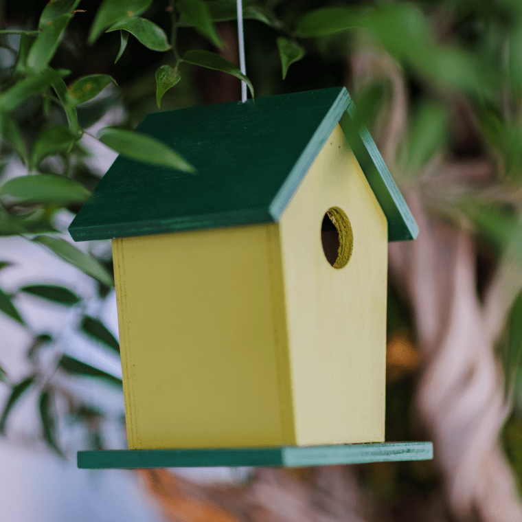 A yellow birdhouse hanging from a tree