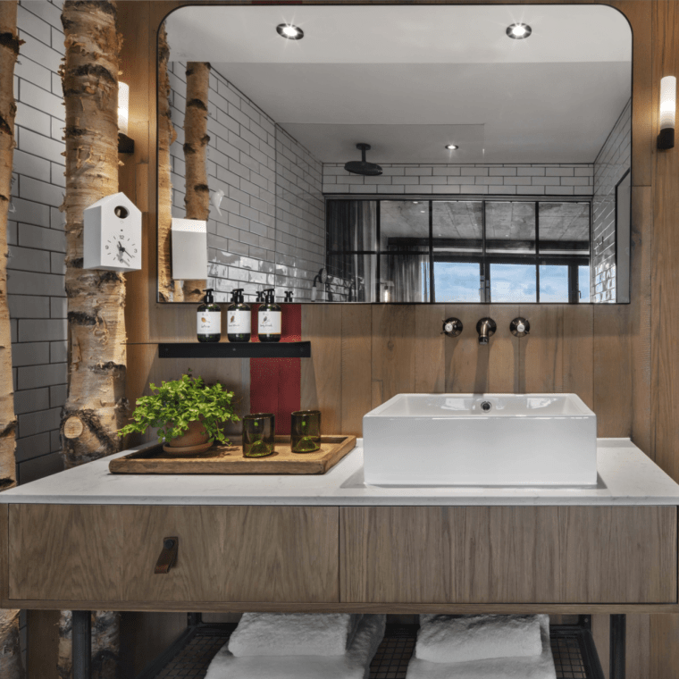 Bathroom with floating vanity and birch tree decor
