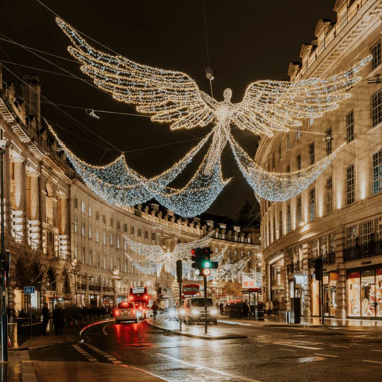 holiday lights in the shape of an angel over Regents Street