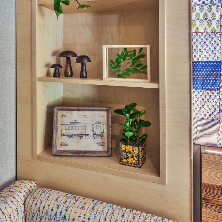 Wooden shelf with green and yellow knick knacks and plants