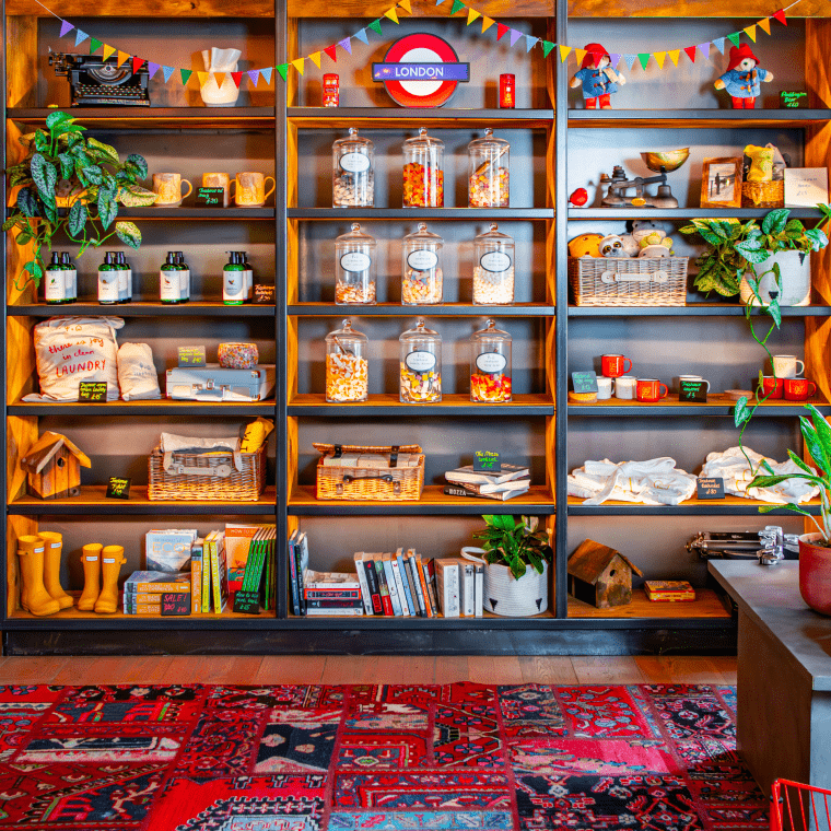The colorful lobby of Treehouse Hotel