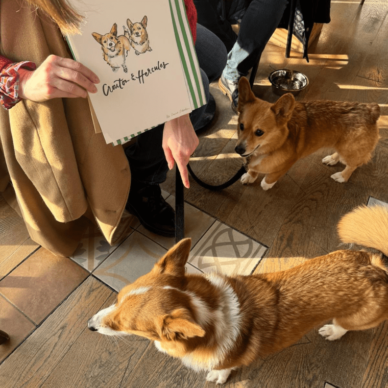 Woman holding a portrait of two corgis