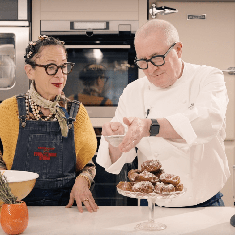 Nancy Silverton and a chef baking in a kitchen