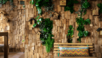 Lobby area at Madera with wood paneling