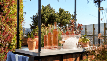 Outside bar with bottles of wine and a bucket of ice