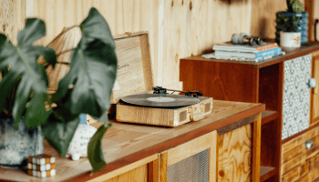 A record player on a shelf with large green plants and knick knacks in a suite at Treehouse Manchester.
