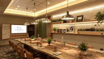 The Chestnut space at Treehouse Manchester, a warmly lit board room with greenery touches.