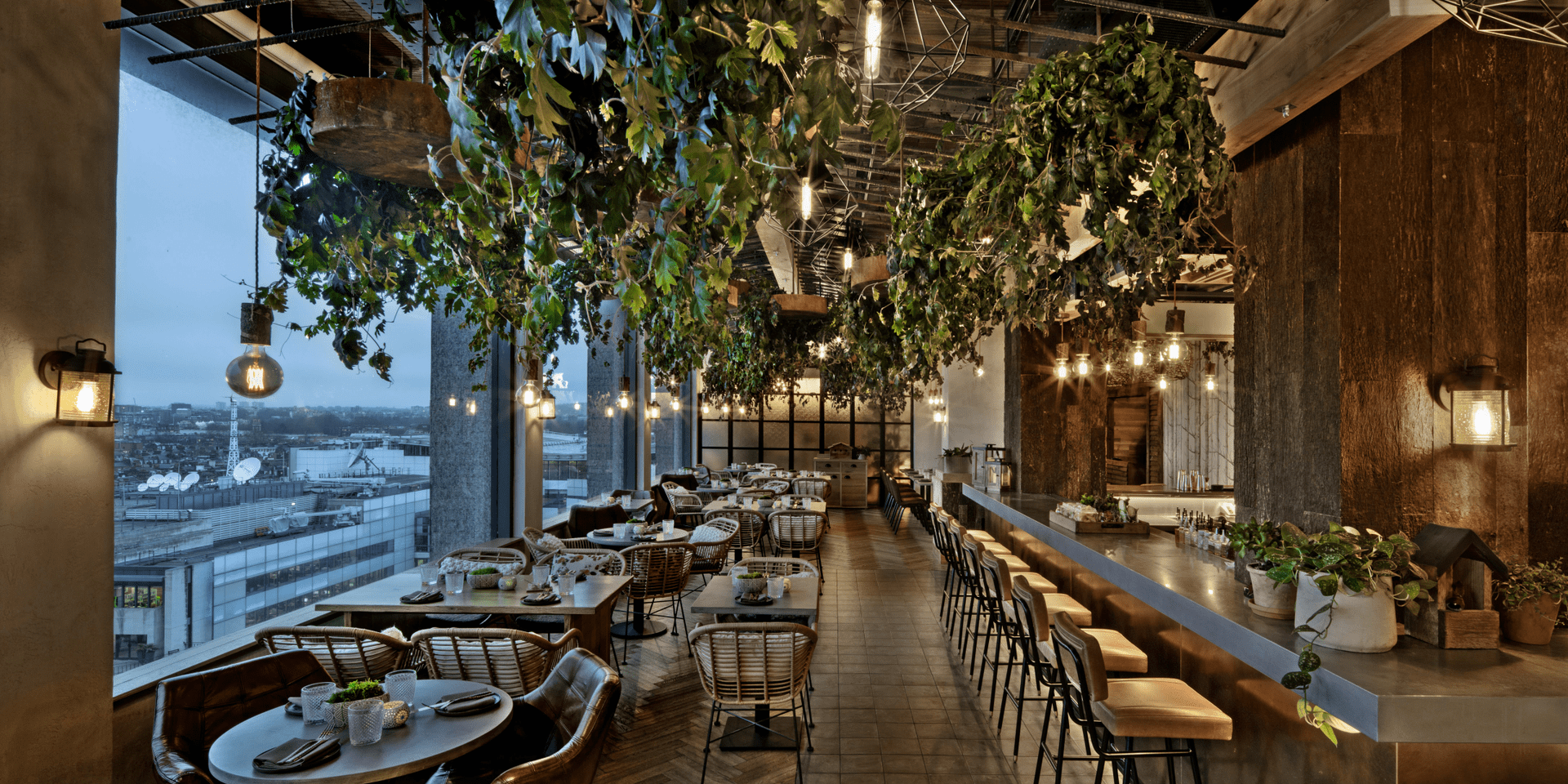 A view of the restaurant at night