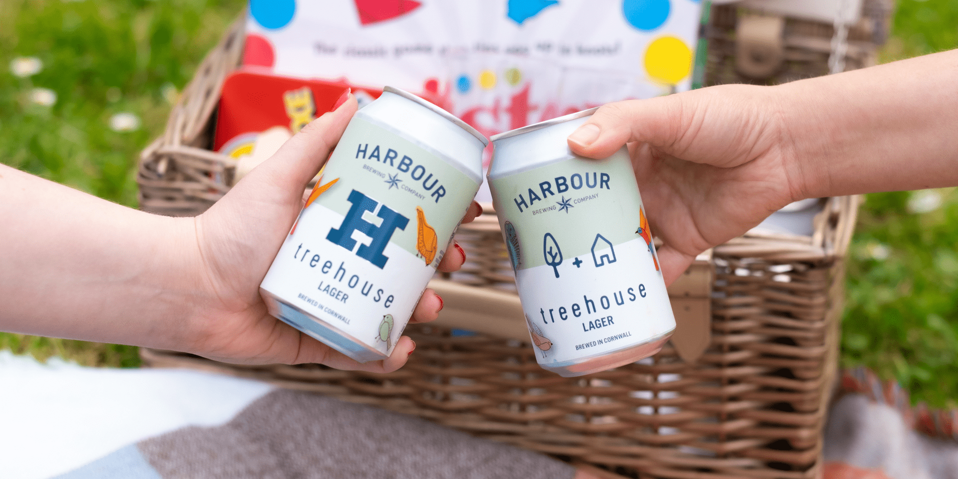 two people tapping their beer cans together in front of a picnic basket