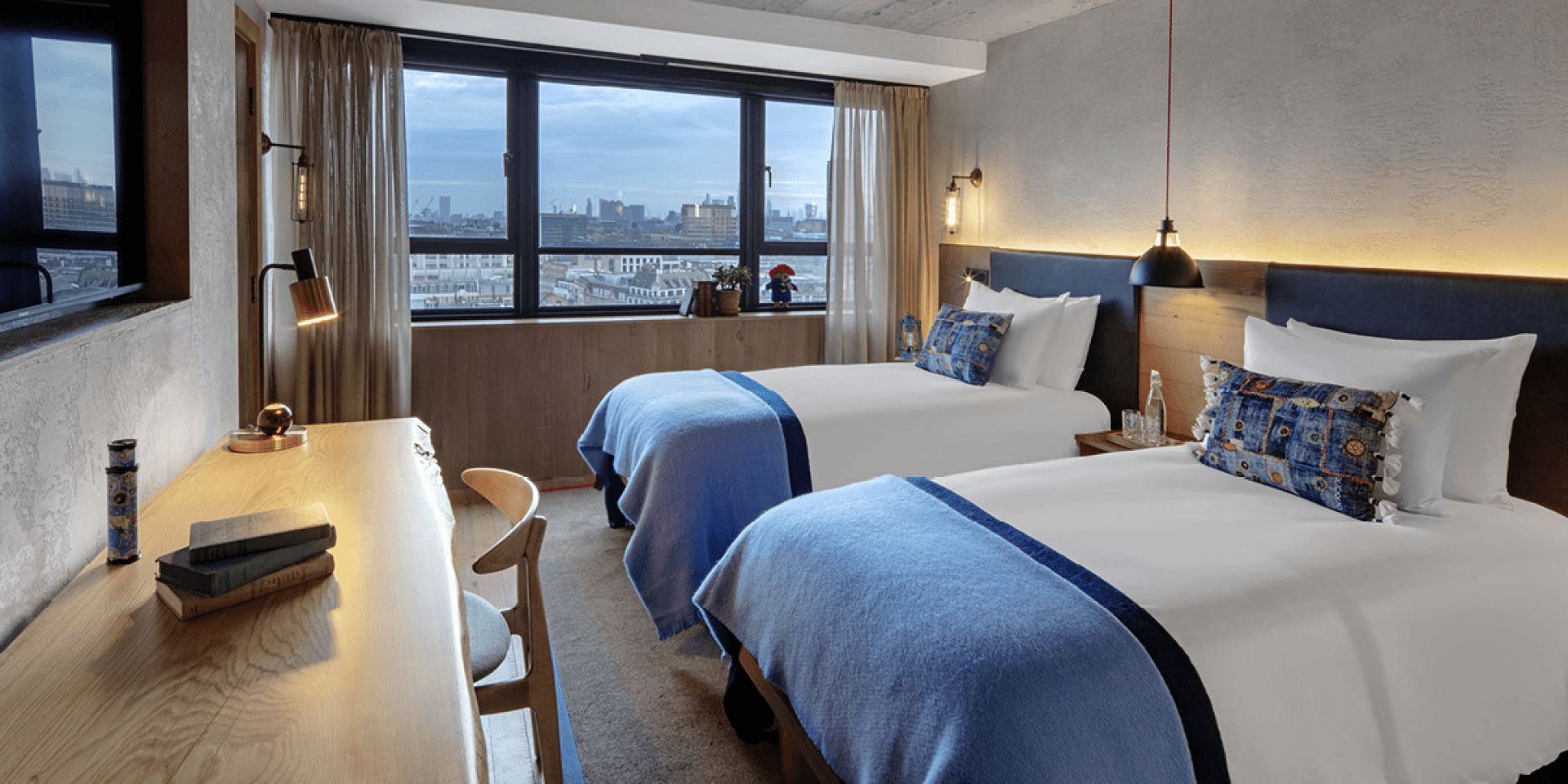hotel room with two twin beds