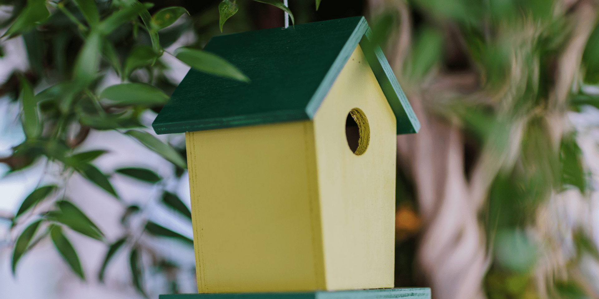 A yellow birdhouse hanging from a tree