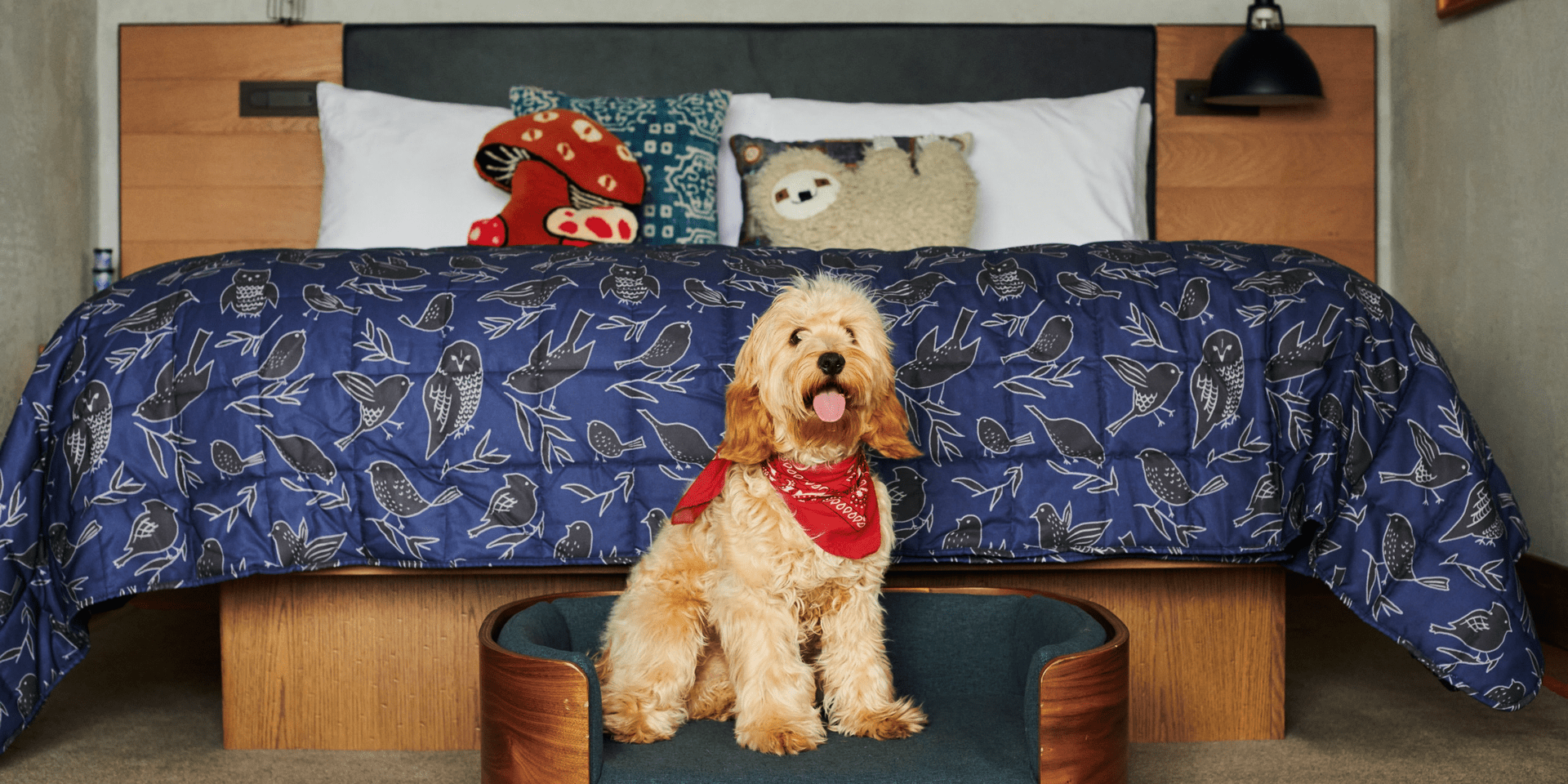 A dog sitting on a dog bed at the foot of the hotel bed