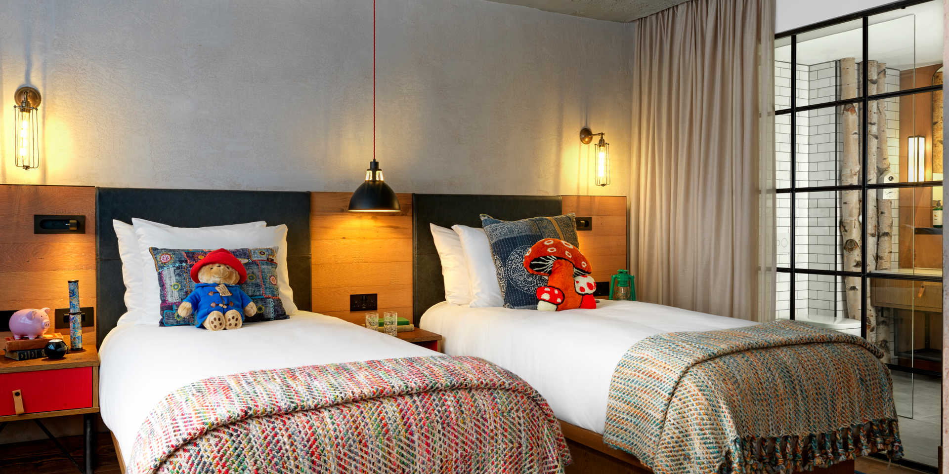 hotel room with two twin beds