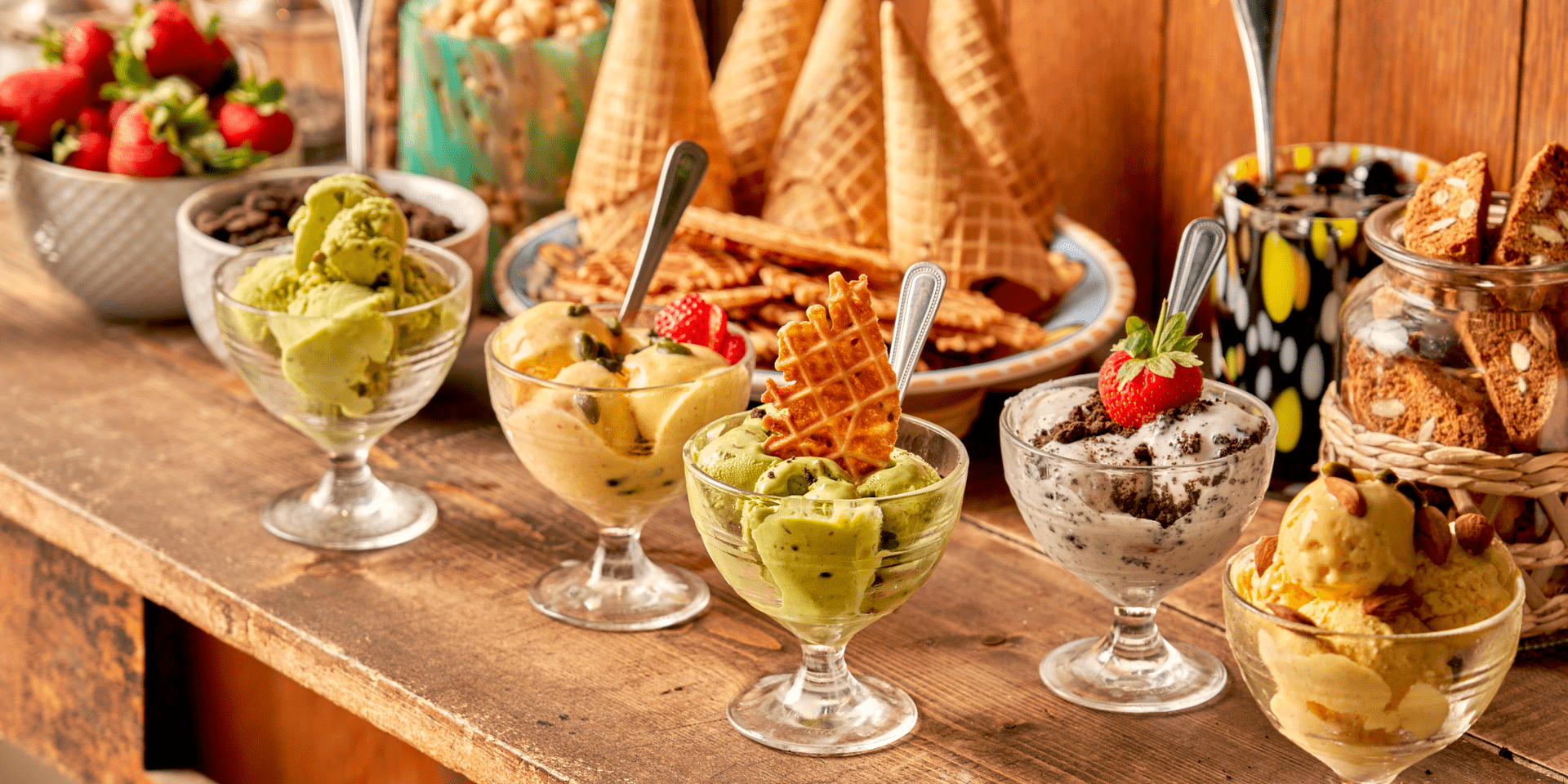 various flavors of ice cream in sundae dishes