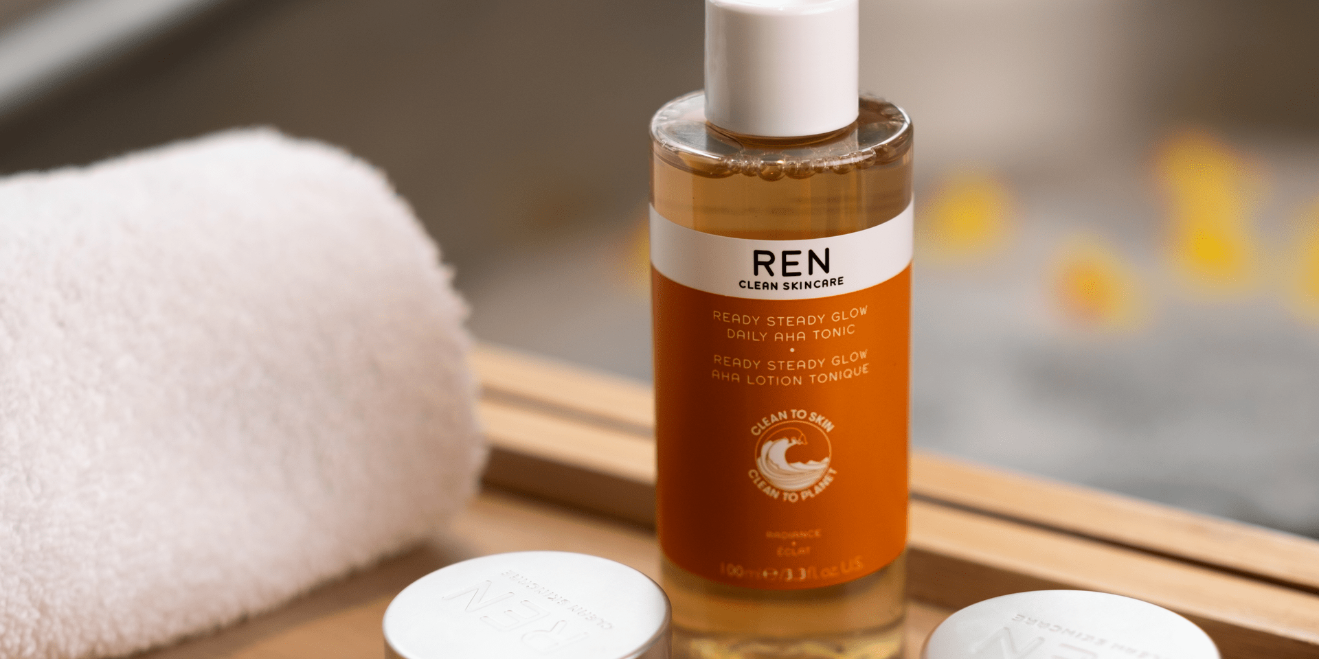 Ren skincare products on a tray