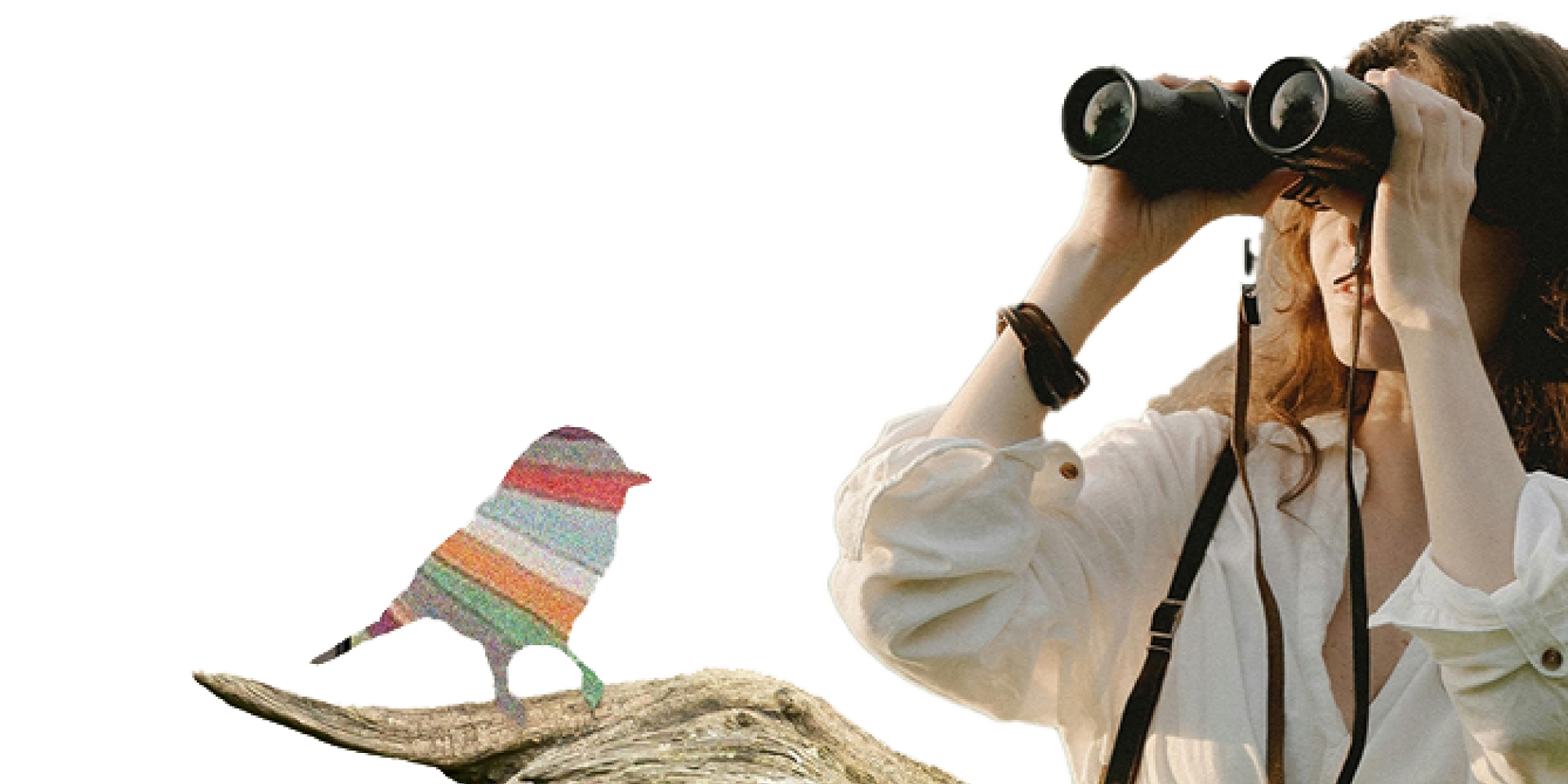 woman looking through binoculars while a bird sits on a branch