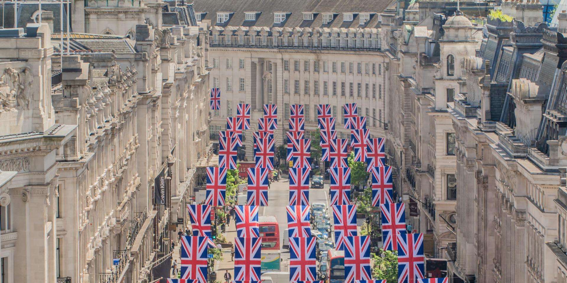 British flags handing over a street