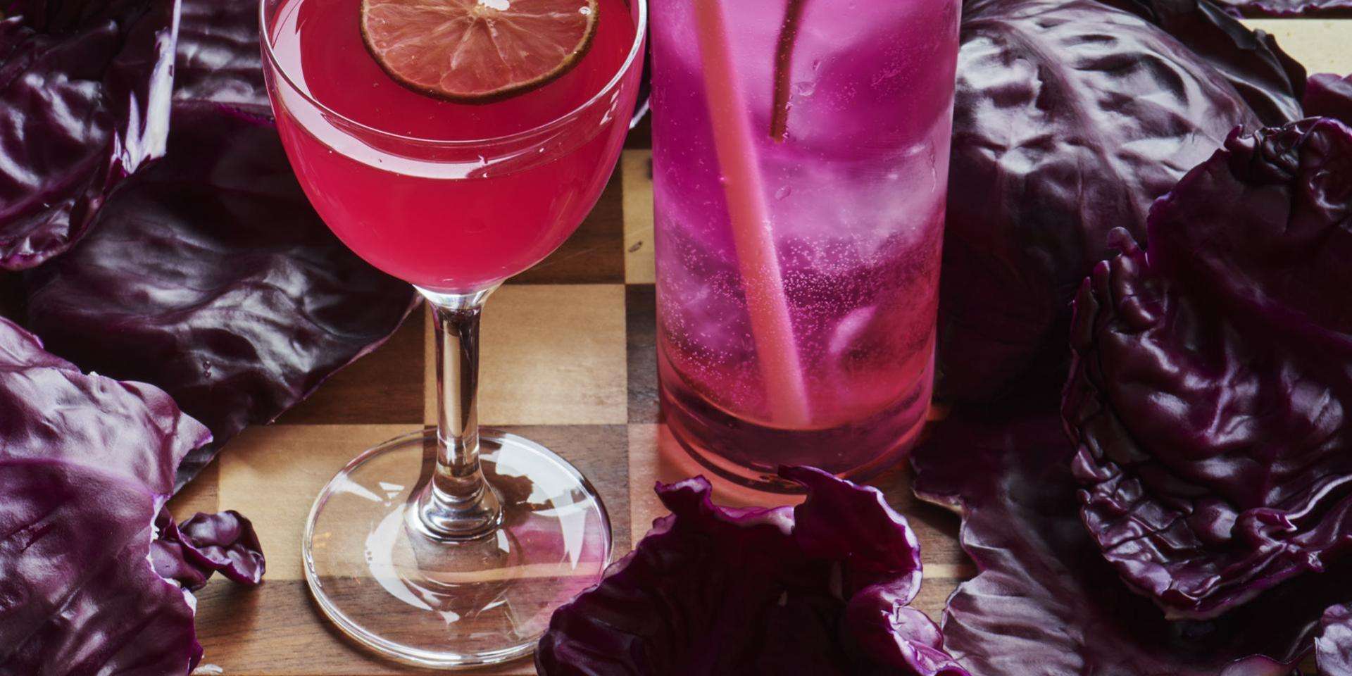 2 drinks surrounded by purple cabbage as garnish