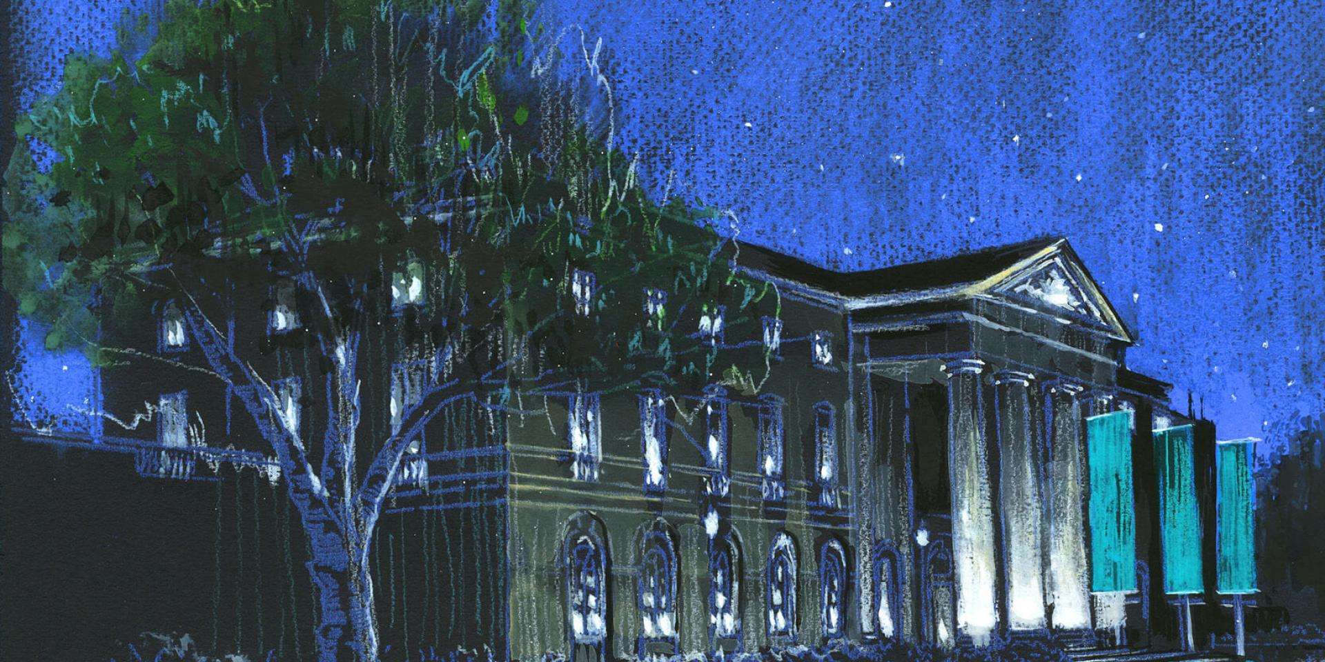 A painting of a building in the moonlight